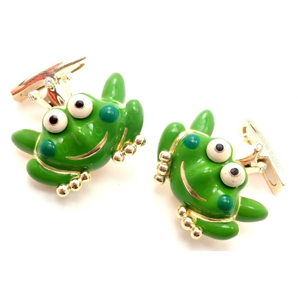 Authentic! Aaron Basha 18k Yellow Gold Diamond Enamel Frog Prince Cufflinks - Picture 2 of 7